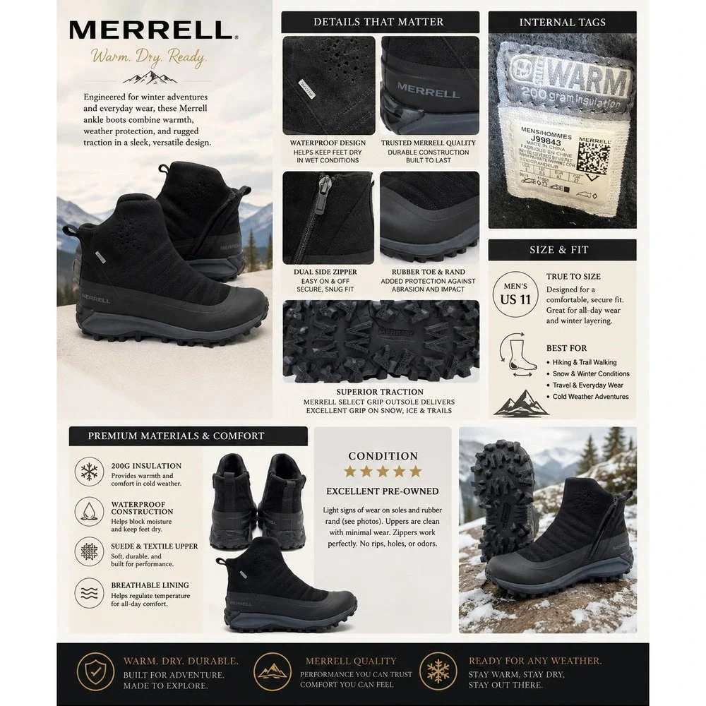 Merrell Thermo Snowdrift Zip Mid Men's Size 9 Waterproof Gorpcore Boots